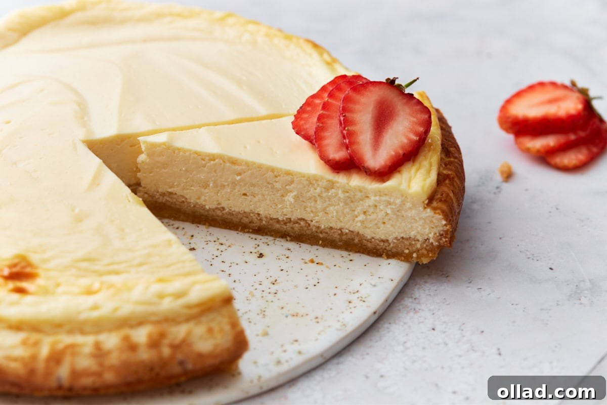 Close-up of a sliced keto cheesecake with one piece slightly lifted and topped with fresh strawberry slices.