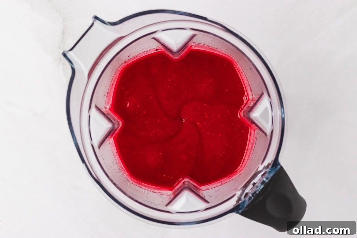 A blender jar filled with a smooth, bright red raspberry sorbet mixture, ready to be transferred for freezing.