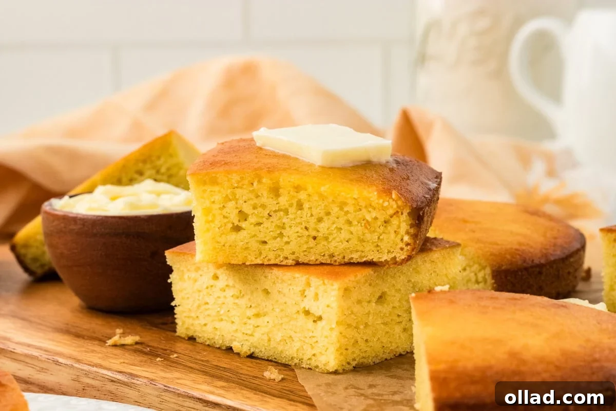 Ultimate Keto Cornbread 11 Stack of keto cornbread slices with a pat of butter melting on top, showing the light, fluffy crumb.
