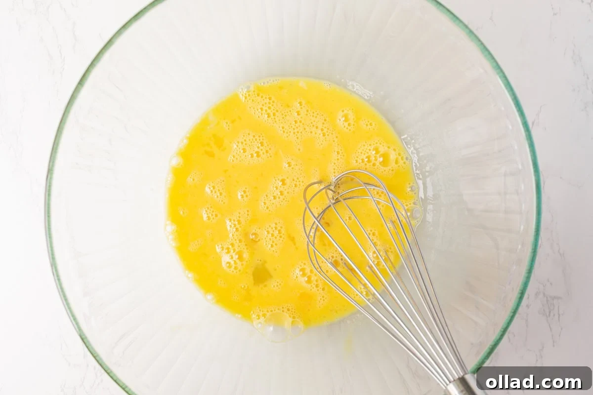 A gleaming stainless steel whisk gracefully resting in a bowl of beautifully whisked eggs, showcasing their readiness to be combined with the other carefully chosen quiche ingredients.
