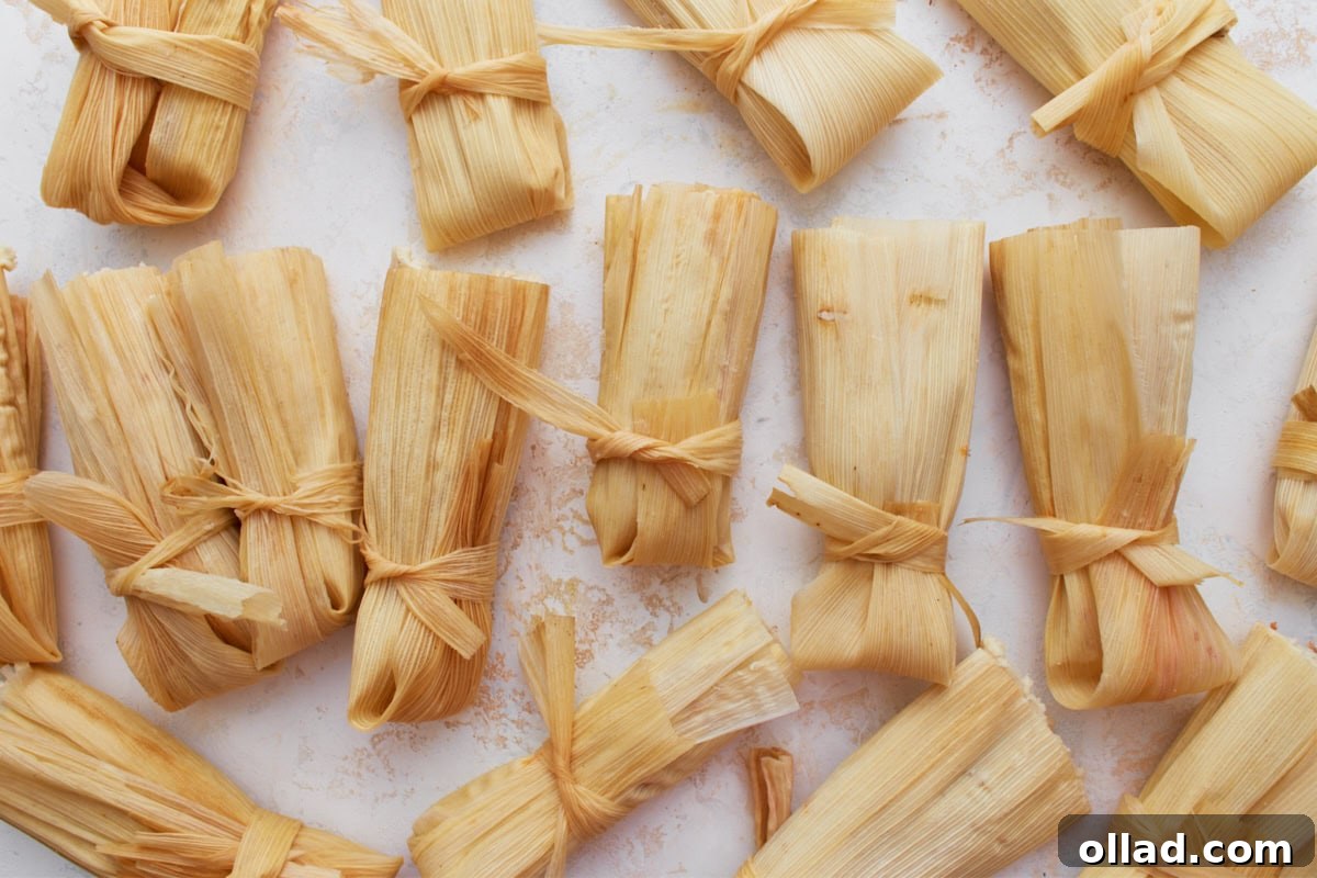 A batch of uncooked tamales wrapped in corn husks and tied with thin strips of husk, ready for steaming.