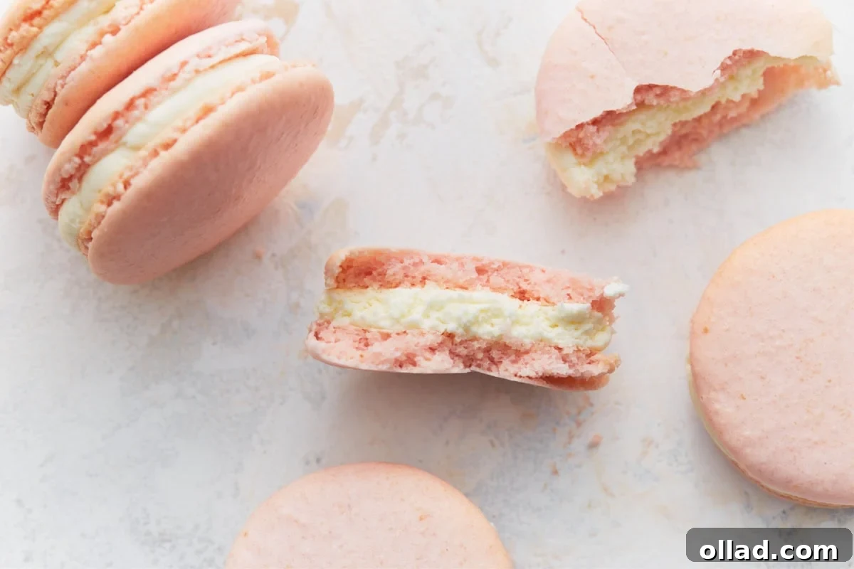 Irresistible Gluten-Free French Macarons 15 A close-up view of a beautifully cut macaron, revealing its crisp outer shell, soft chewy interior, and a generous layer of creamy buttercream filling, surrounded by whole macarons.