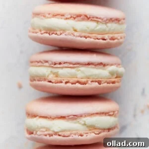 Close-up stack of pink French macarons with vanilla buttercream filling, showing smooth tops and crisp feet.