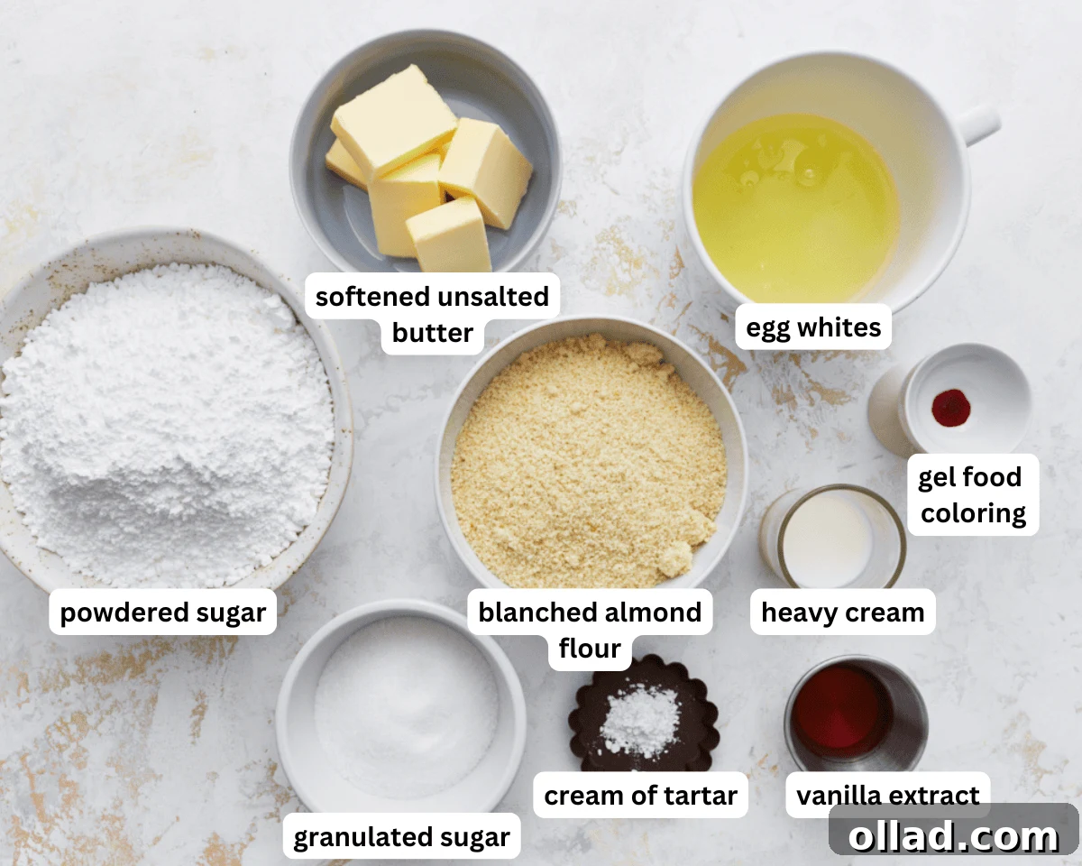 Irresistible Gluten-Free French Macarons 4 All the essential ingredients for Gluten-Free French Macarons laid out neatly: almond flour, powdered sugar, egg whites, granulated sugar, cream of tartar, vanilla, and gel food coloring.