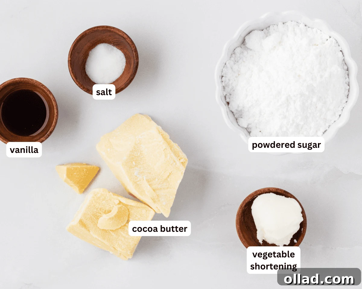 Vegan white chocolate ingredients laid out on a clean surface.