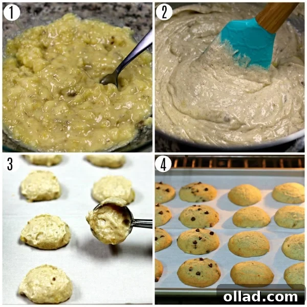Step-by-step process of making gluten-free banana bread cookies, showing dough on baking sheet.
