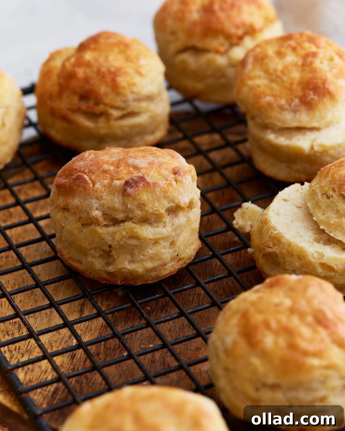 Freshly baked gluten-free buttermilk biscuits cooling on a wire rack, showing golden tops and flaky layers, ready to be enjoyed.