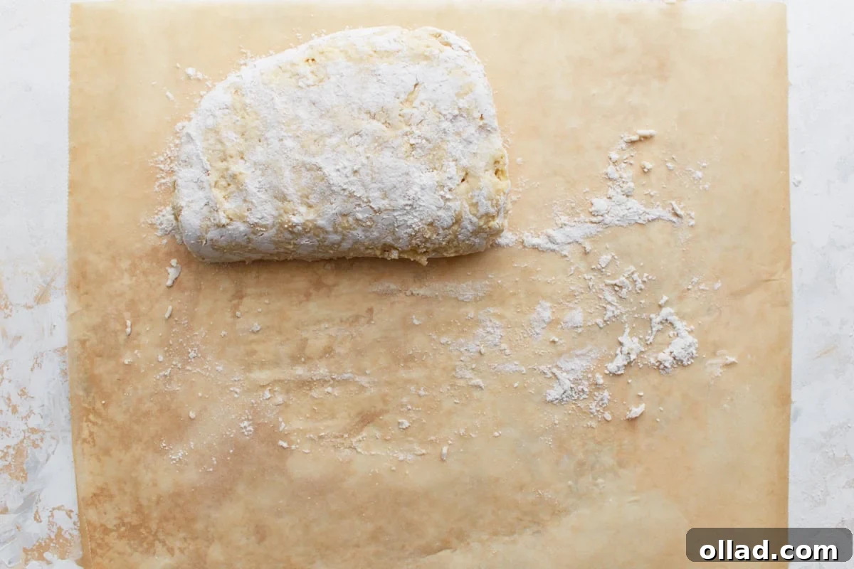 Dough folded a second time, with visible flour dusting on the parchment, showing the continuation of the layering process for flaky biscuits.