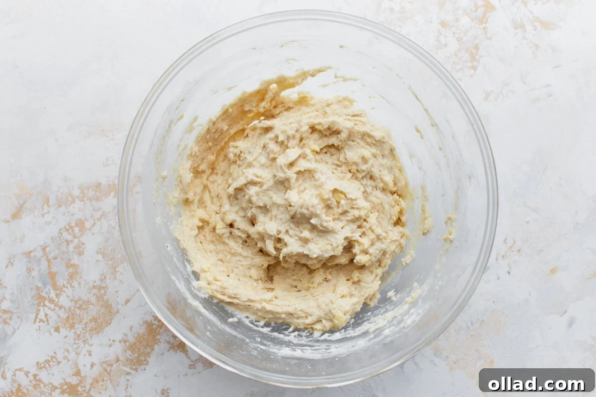 Biscuit dough just mixed, appearing soft, shaggy, and slightly sticky in a clear mixing bowl, indicating it's perfectly combined without being overmixed.