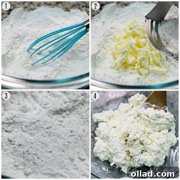 Warm Spiced Gluten-Free Biscuits, Dairy-Free Friendly 3 Step-by-step photos showing the process of mixing dry ingredients, cutting in butter, and adding buttermilk and egg to create a soft, sticky gluten-free biscuit dough.