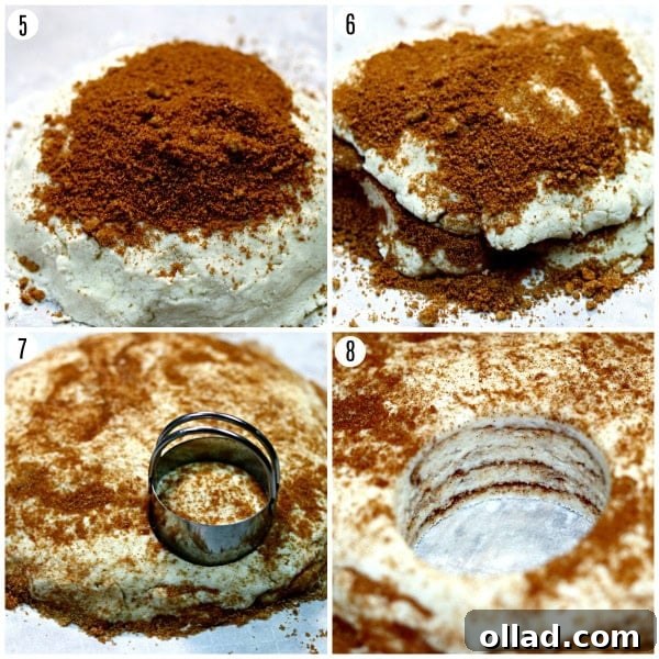 Warm Spiced Gluten-Free Biscuits, Dairy-Free Friendly 4 Step-by-step photos illustrating how to gently fold the gluten-free biscuit dough, sprinkle with cinnamon sugar, and cut out perfect rounds.