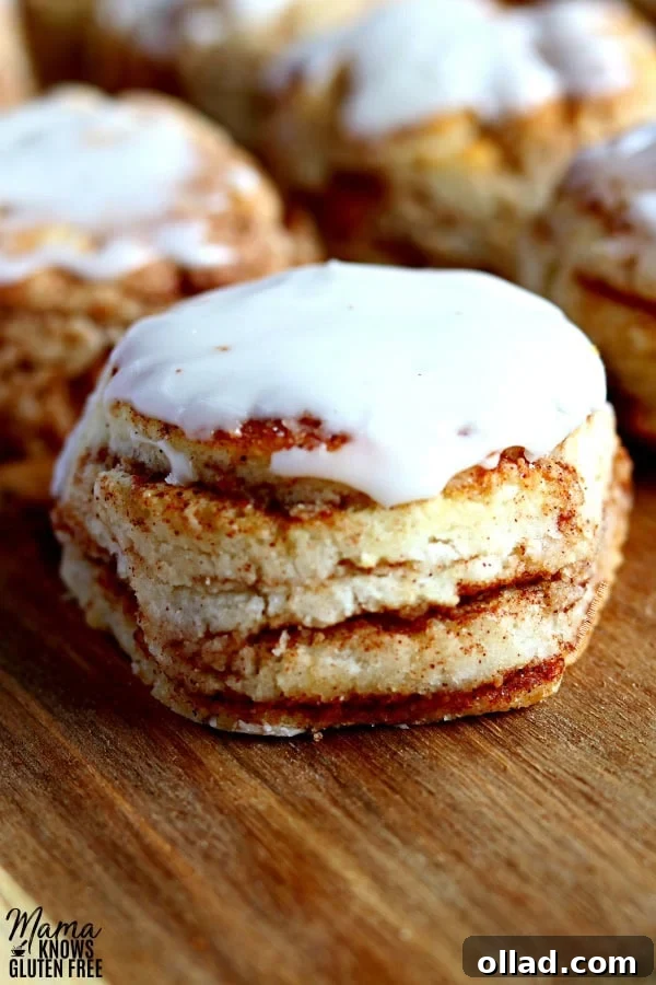 Warm Spiced Gluten-Free Biscuits, Dairy-Free Friendly 7 Close-up of a gluten-free cinnamon biscuit with vanilla glaze, highlighting the distinct layers of dough and the cinnamon-sugar swirl within.