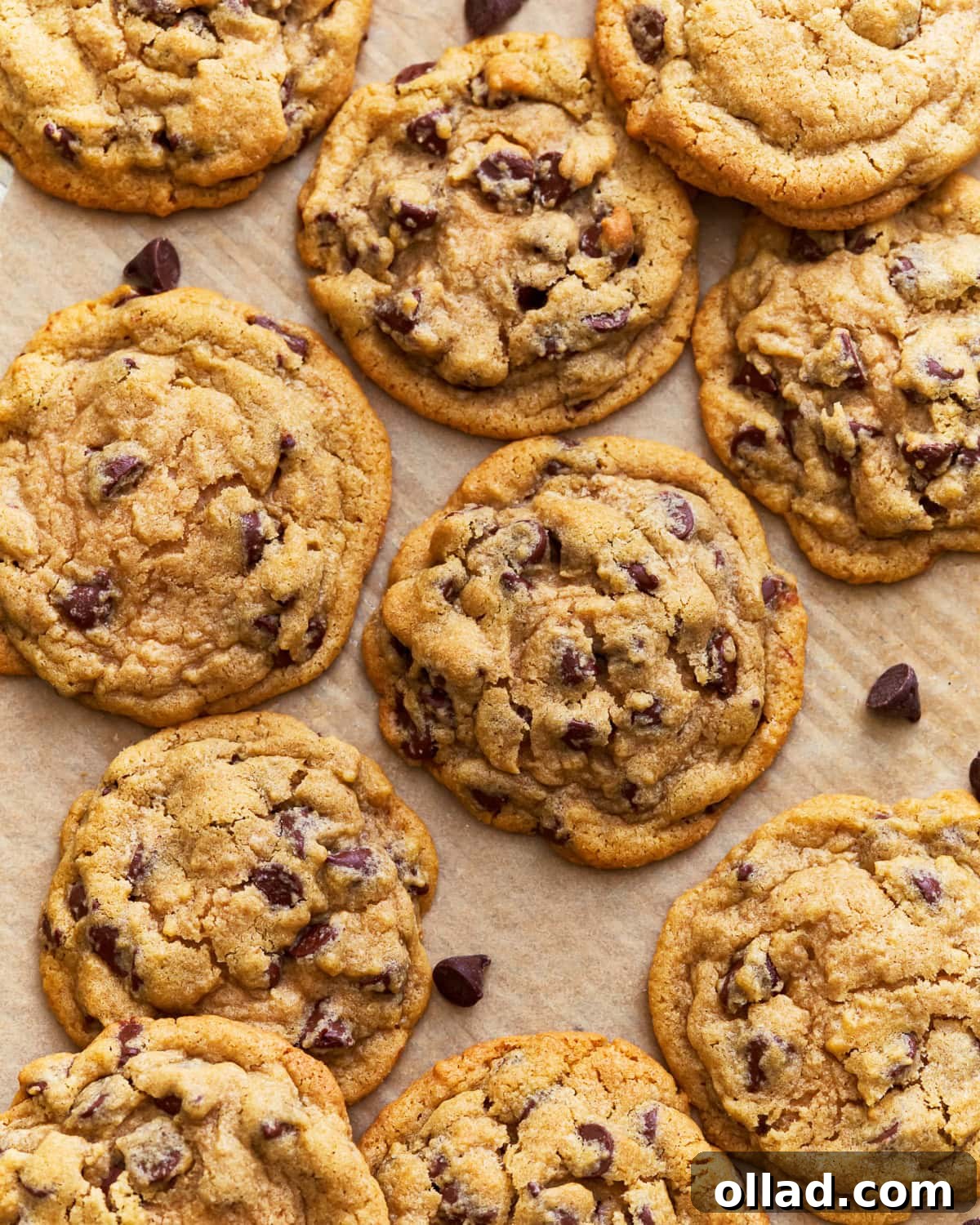Overhead view of perfectly baked gluten-free chocolate chip cookies, golden brown with melted chocolate chips