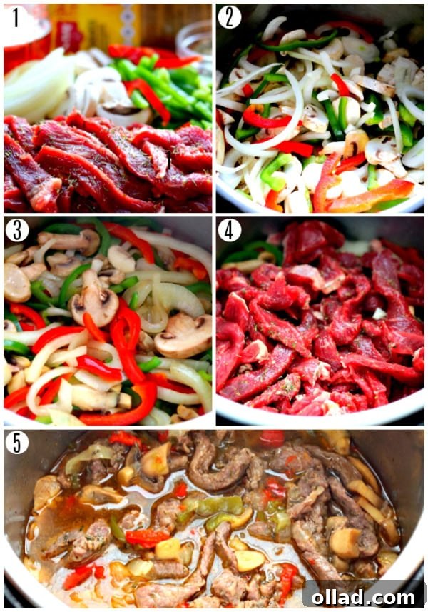 A collage of five recipe steps for Instant Pot Steak Sandwiches. Images show beef being sliced, vegetables sautéing, seasoned beef added, and the Instant Pot lid in place.