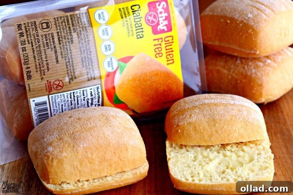 Easy Instant Pot Steak Sandwiches Gluten-Free Dairy-Free 4 Four gluten-free Ciabatta rolls are displayed, with a package of rolls visible in the background.