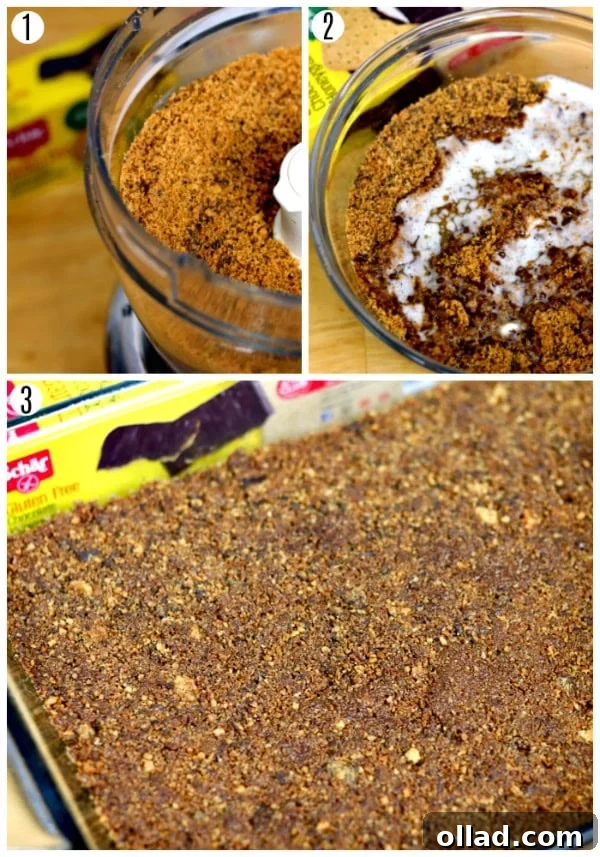 Guilt Free Chocolate Lasagna Bliss 3 Photo collage showing steps 1-3 of the chocolate lasagna recipe: crushing cookies, mixing with butter, and pressing into the dish