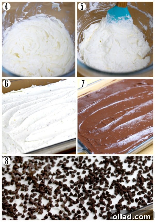 Guilt Free Chocolate Lasagna Bliss 4 Photo collage showing steps 4-8 of the chocolate lasagna recipe: whipping cream cheese, mixing pudding, spreading layers, and topping with chocolate chips