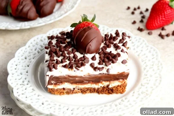 Guilt Free Chocolate Lasagna Bliss 7 A slice of chocolate lasagna with chocolate-covered strawberries, chocolate chips, and a fresh strawberry in the background