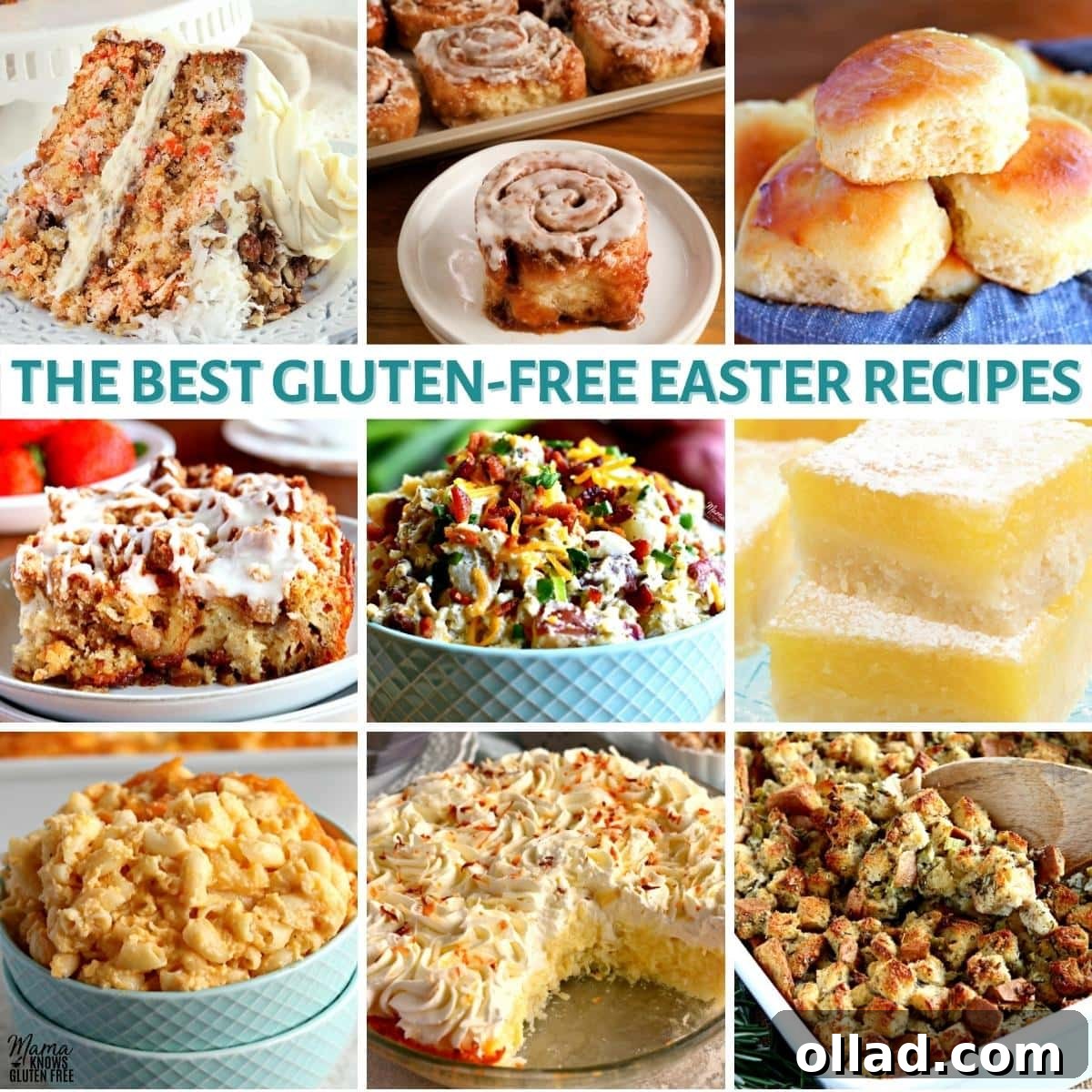 Delicious Gluten-Free Easter Recipes with Dairy-Free Options 2 A vibrant photo collage showcasing a variety of delicious gluten-free Easter recipes, including breakfast, dinner, and dessert options.