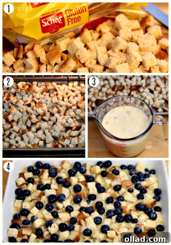 A photo collage showing the first four steps of preparing the gluten-free blueberry lemon breakfast casserole: toasting bread, adding blueberries, whisking egg mixture, and pouring it over the bread.