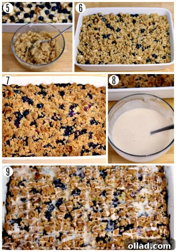 A photo collage detailing steps 5 through 9 of the gluten-free blueberry lemon breakfast casserole recipe, illustrating the preparation and application of the crumb topping.