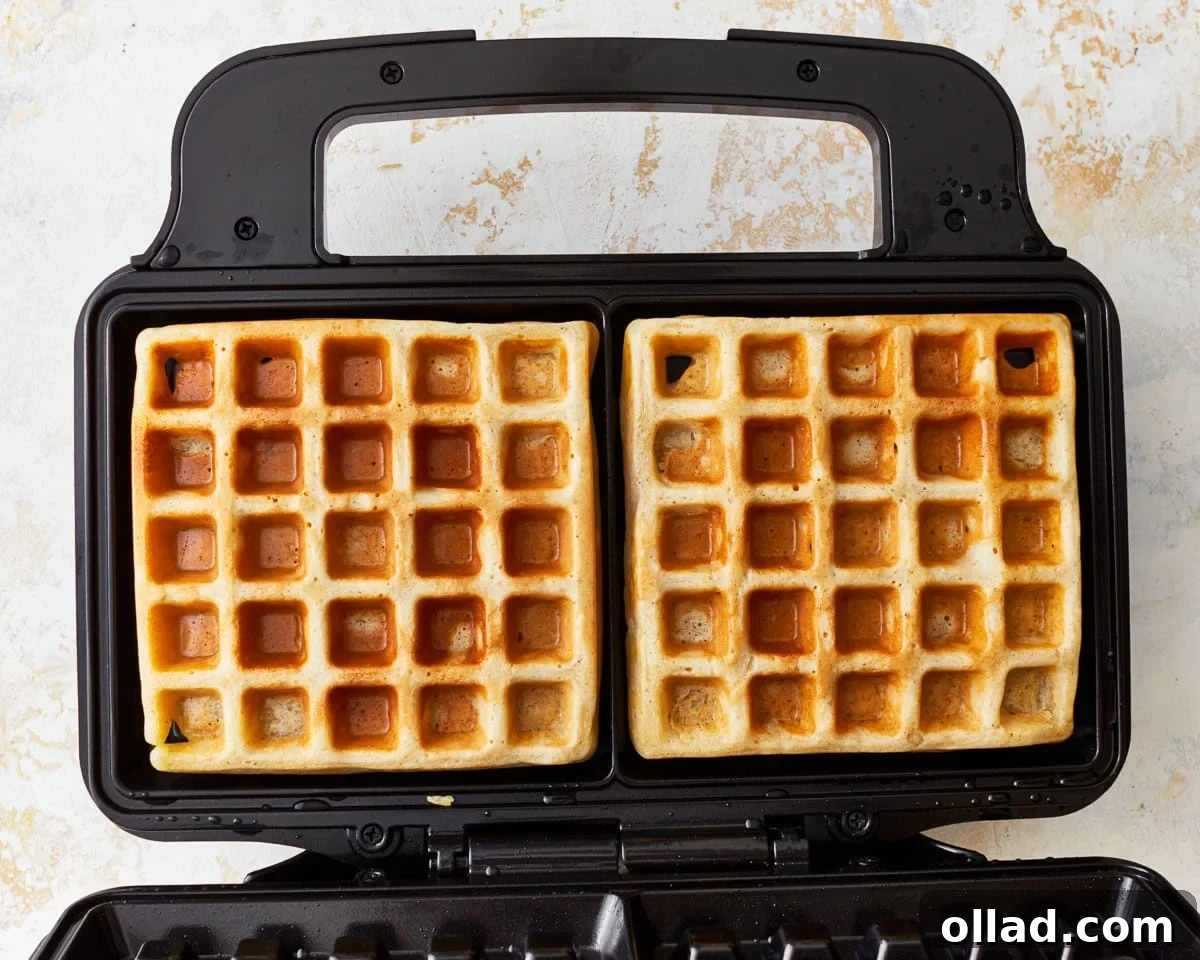 A freshly cooked, golden-brown gluten-free waffle perfectly lifted out of the waffle iron, ready to be served.