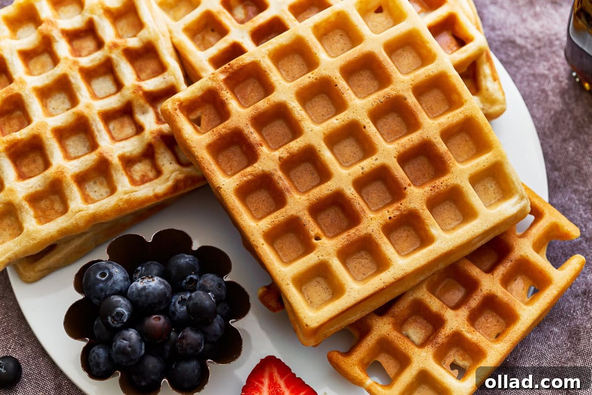 A close-up, overhead view of a perfectly cooked stack of gluten-free waffles, showcasing their golden-brown color and inviting texture.