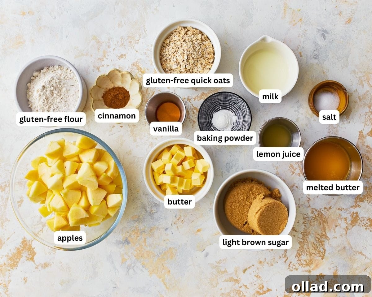 Wholesome Gluten-Free Apple Crumble 3 Various ingredients for gluten-free apple crisp laid out on a wooden surface, including apples, oats, brown sugar, butter, and cinnamon, showing fresh and pantry items.