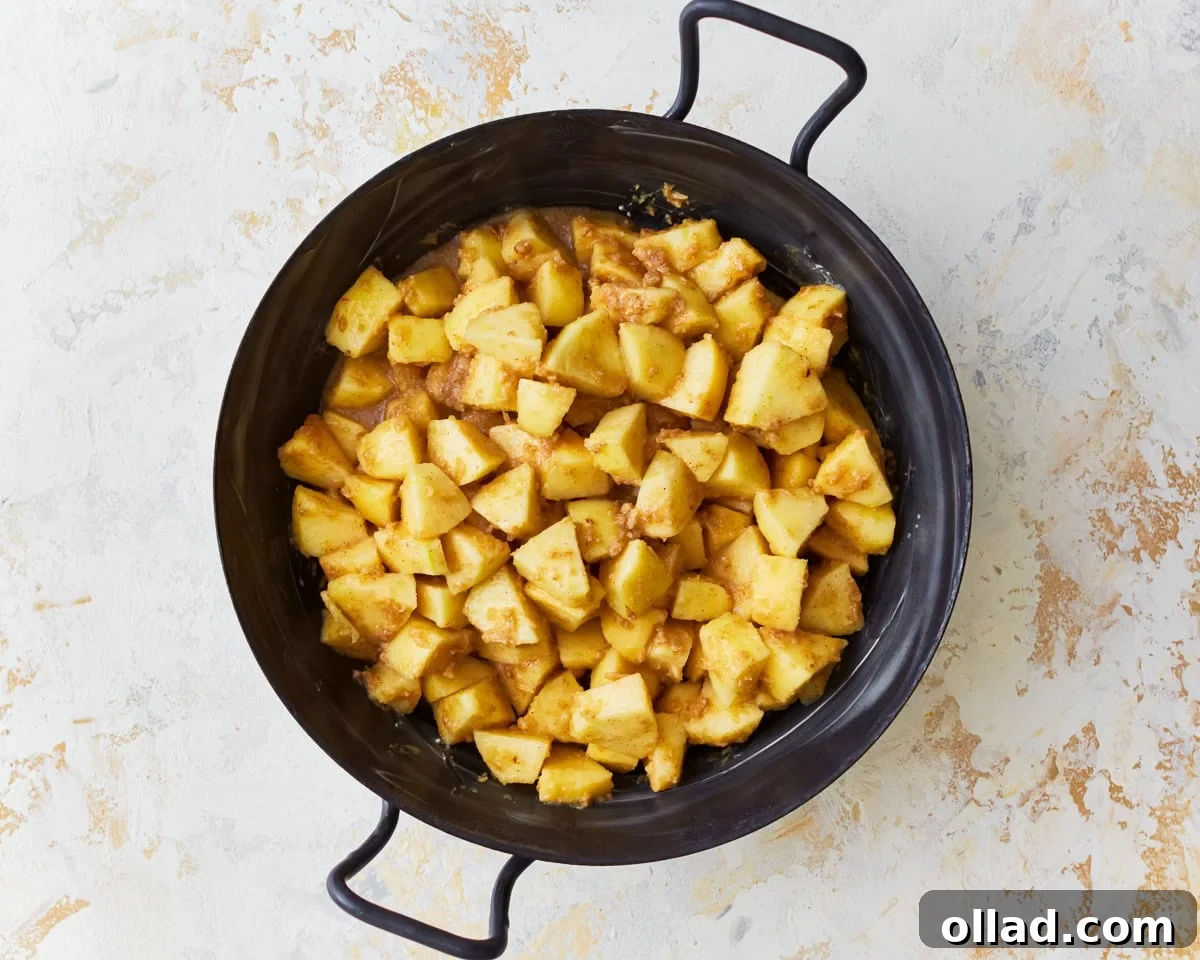 Wholesome Gluten-Free Apple Crumble 8 The prepared gluten-free apple crisp filling, consisting of spiced chopped apples, is evenly spread out in a greased glass baking dish.