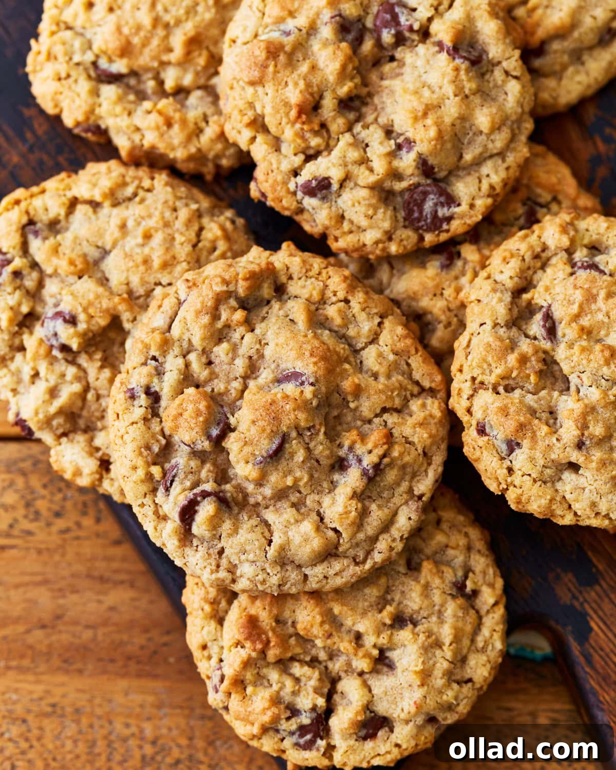 Wholesome Gluten-Free Oatmeal Cookies 2 overhead view of gluten-free oatmeal cookies on a cutting board.