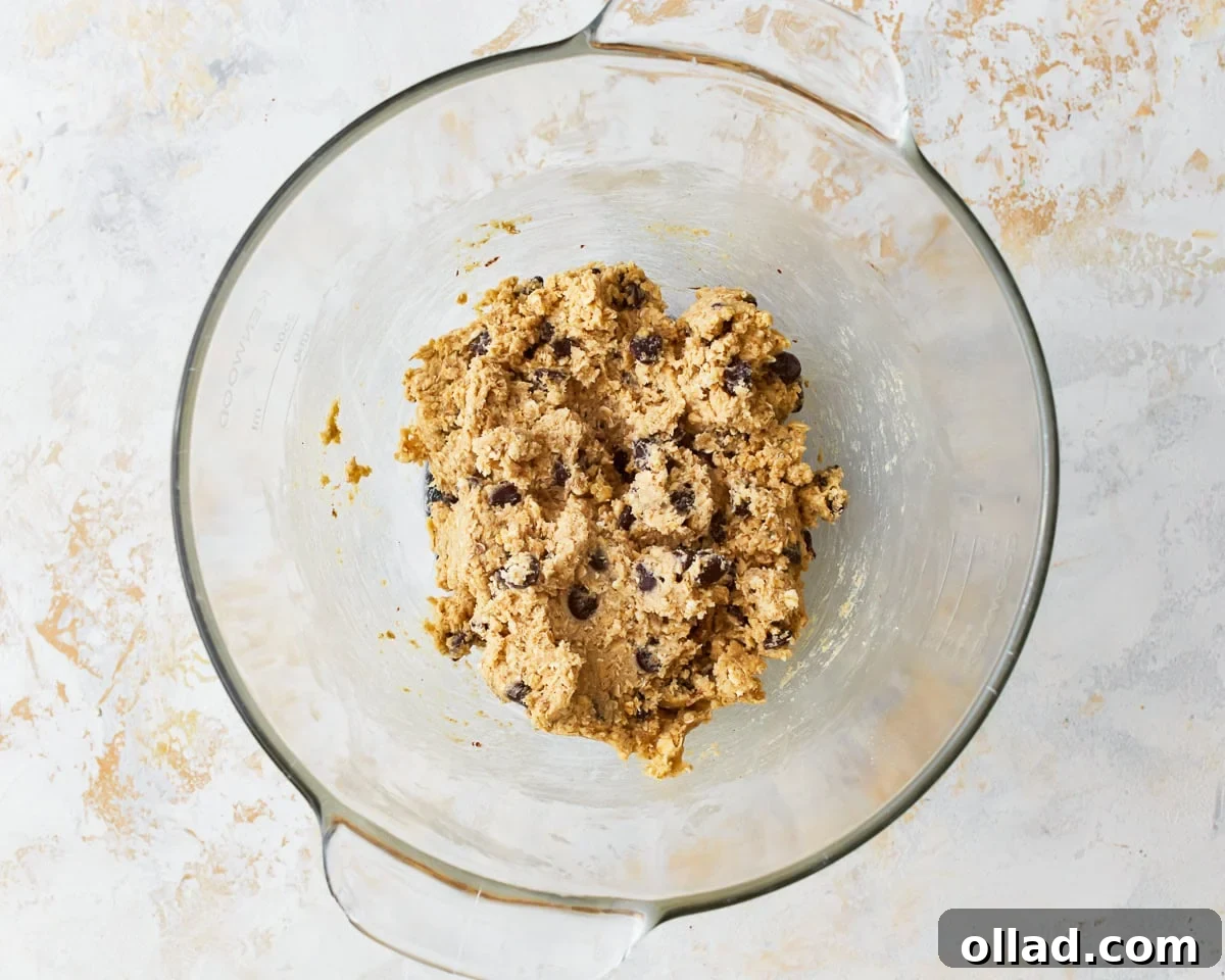 Wholesome Gluten-Free Oatmeal Cookies 10 gluten-free oatmeal cookie dough in a glass bowl.