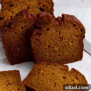 Slices of moist gluten-free pumpkin bread on parchment paper, showing a soft crumb and golden-brown crust.