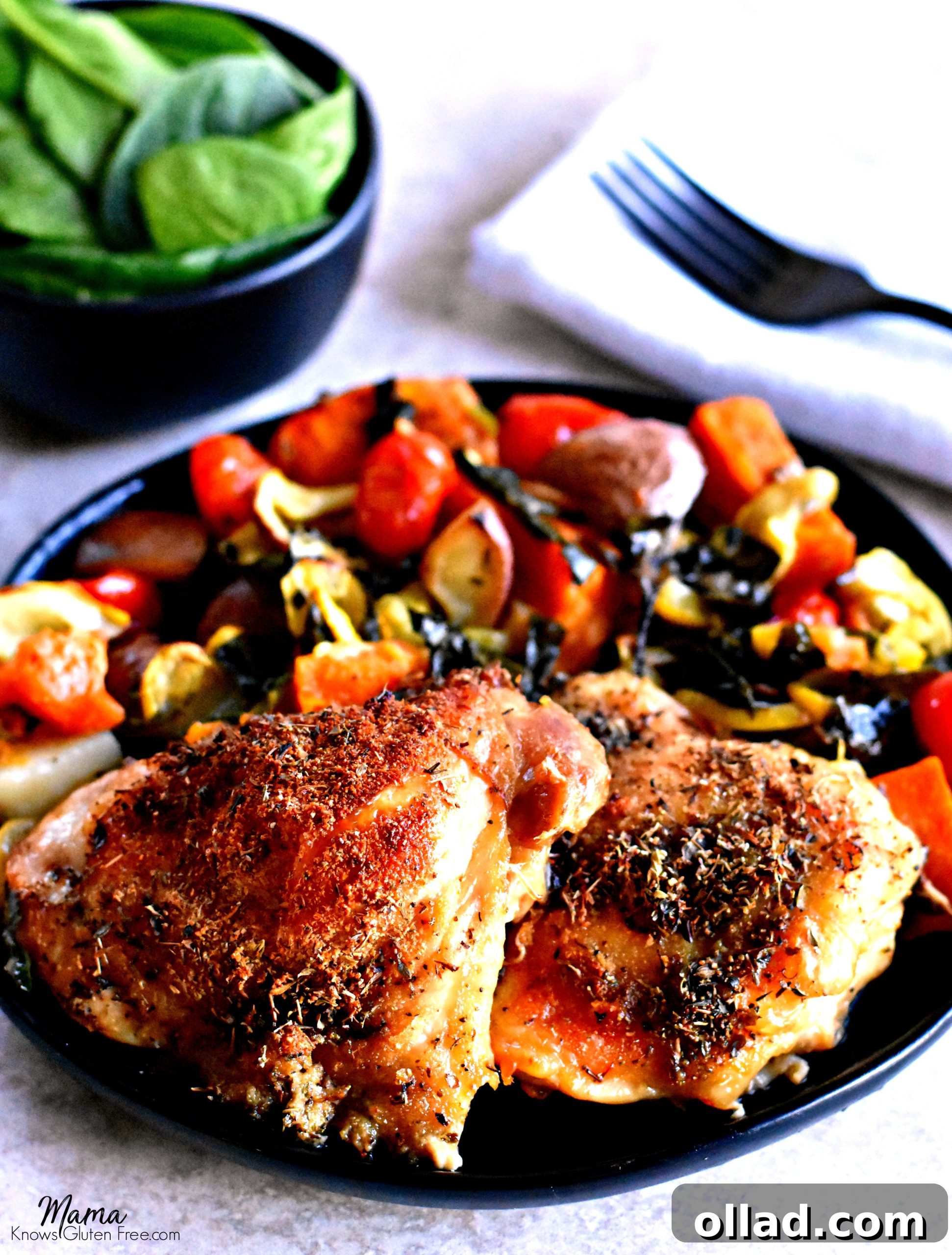 Deliciously crispy and tender baked chicken thighs on a serving platter