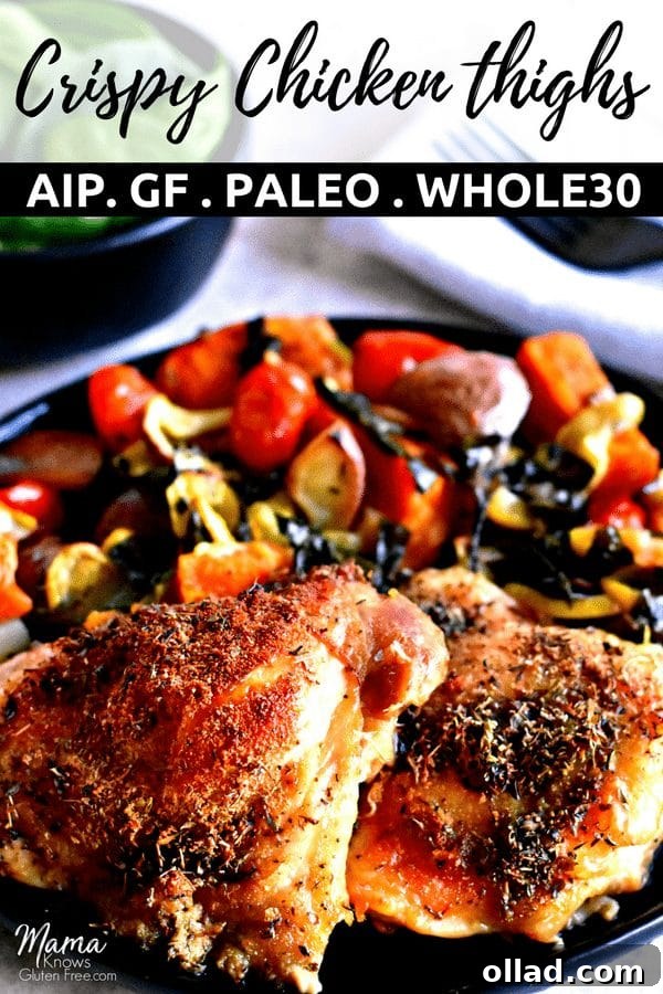 Pinterest graphic featuring crispy chicken thighs with recipe title and diet tags for sharing