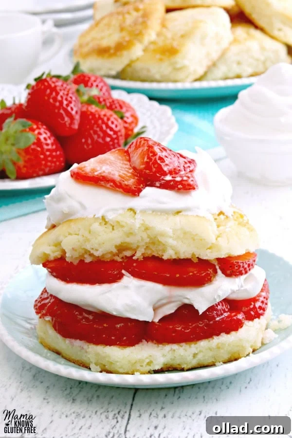 gluten-free strawberry shortcake on blue plate with strawberries, whipped cream, and plate of short cakes in the background