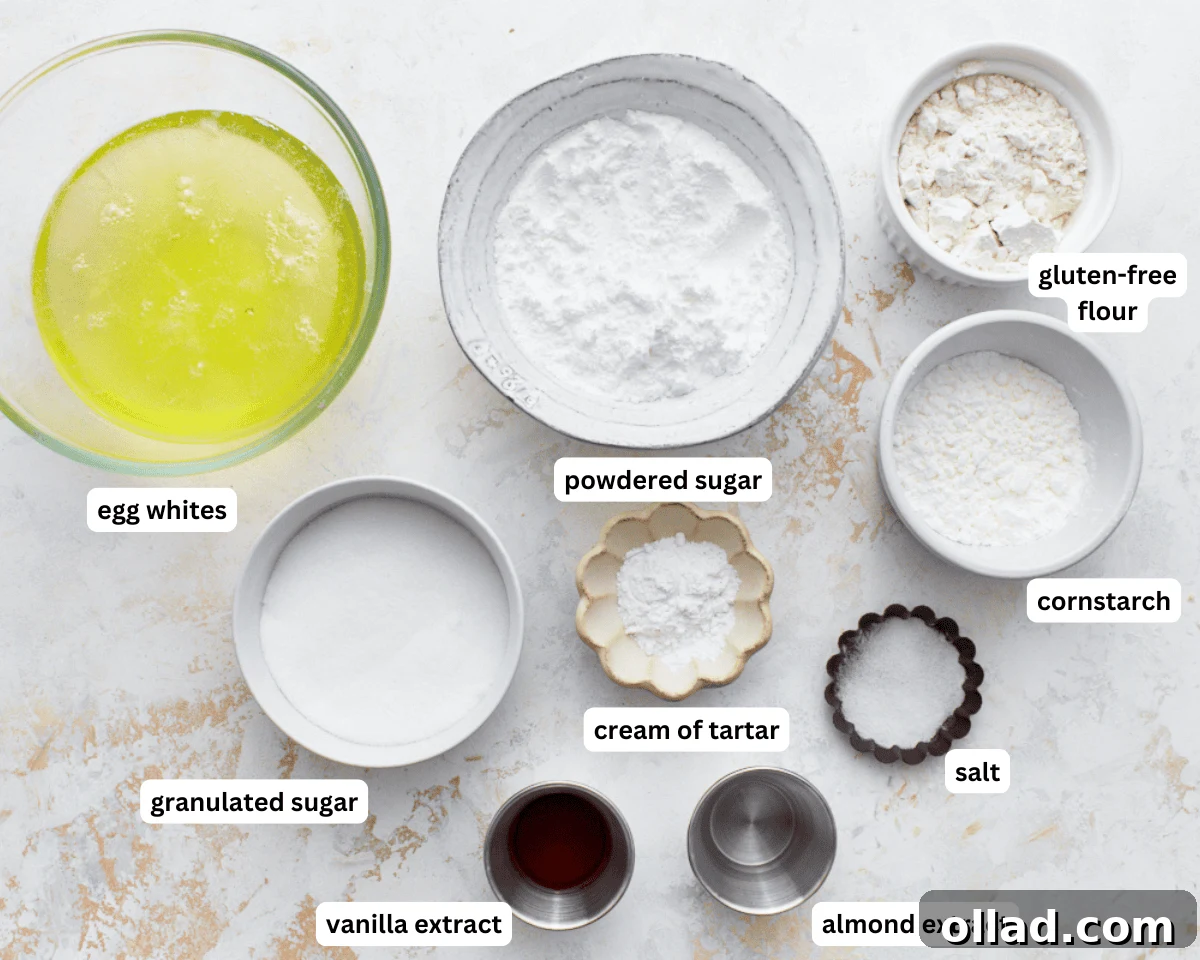 Cloud-Light Gluten-Free Angel Food Cake 4 All the essential ingredients for making gluten-free angel food cake neatly arranged on a kitchen counter.