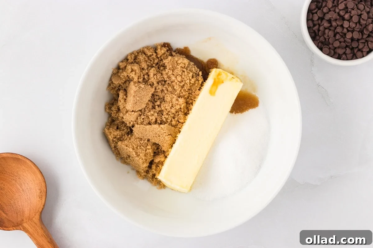 Irresistible Gluten-Free Cookie Dough 6 A medium mixing bowl containing softened unsalted butter, granulated sugar, packed brown sugar, and pure vanilla extract, poised to be creamed together into a smooth, cohesive mixture.