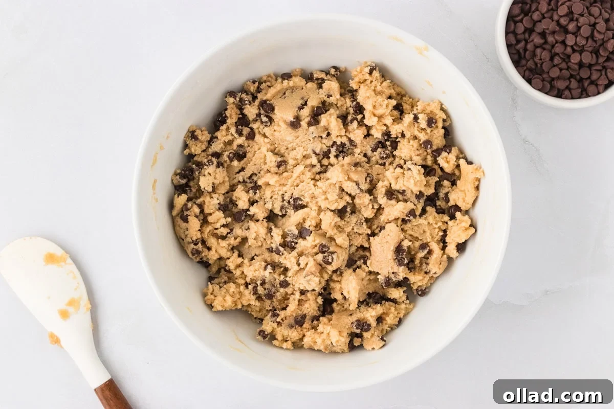 Irresistible Gluten-Free Cookie Dough 8 A deep mixing bowl holds a perfectly formed batch of edible cookie dough, rich with the vibrant addition of mini chocolate chips thoroughly stirred throughout.
