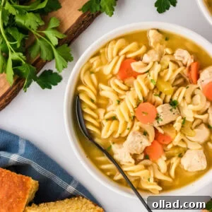 A close-up of a rustic, white speckled bowl filled with homemade gluten-free chicken noodle soup. The soup features inviting spiral noodles, generous chunks of chicken, colorful carrots and celery, all in a clear, savory broth, garnished with vibrant fresh parsley. In the soft-focus background, a piece of cornbread and more fresh parsley add to the cozy meal setting.