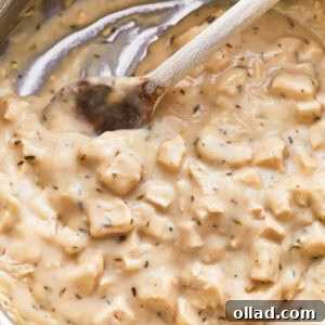 A wooden spoon gently stirs creamy gluten-free cream of chicken soup within a warm, inviting pan. The texture of the soup appears smooth and rich, suggesting a comforting and flavorful dish.