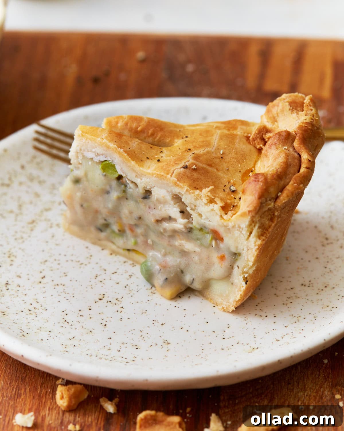 A perfectly portioned slice of golden-crusted gluten-free chicken pot pie rests on a white speckled plate, with a fork poised behind it, ready to enjoy. The rich filling of chicken and vegetables is visible beneath the flaky crust.