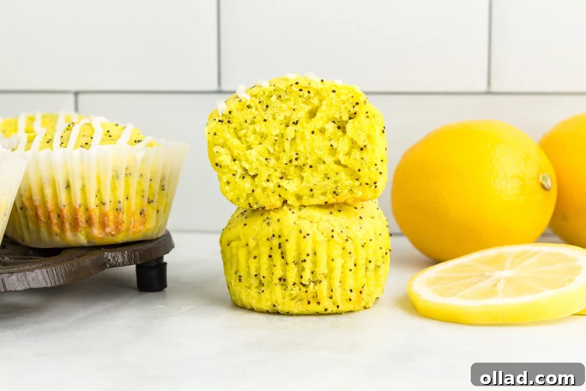 Tangy & Tender Gluten-Free Lemon Poppy Seed Muffins 12 A stack of gluten-free lemon poppy seed muffins showcasing their moist crumb and distinct poppy seeds, with fresh lemon slices blurred in the background.