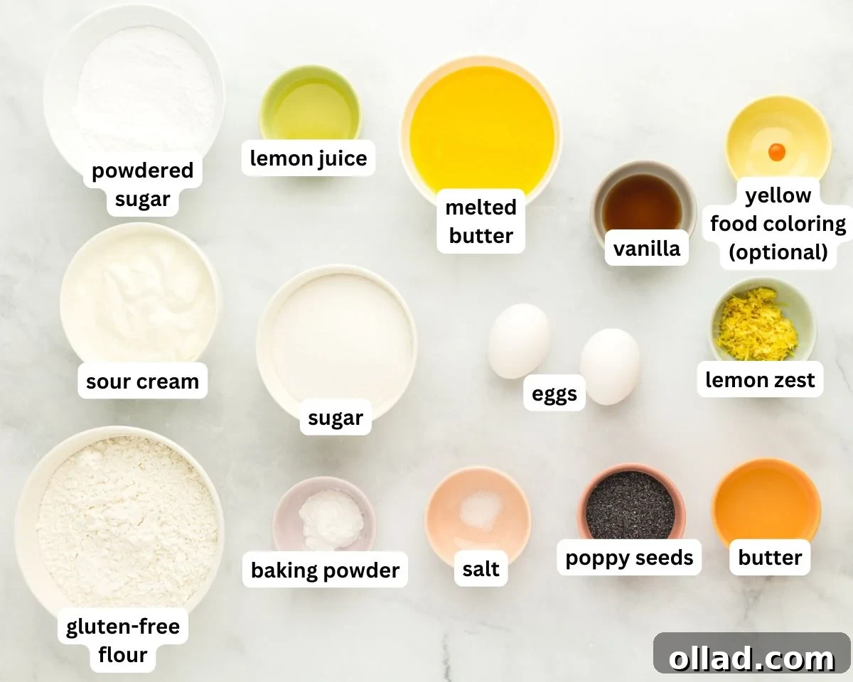 Tangy & Tender Gluten-Free Lemon Poppy Seed Muffins 4 Collection of fresh ingredients for gluten-free lemon poppy seed muffins, including flour, sugar, lemons, eggs, and butter, laid out on a clean surface.