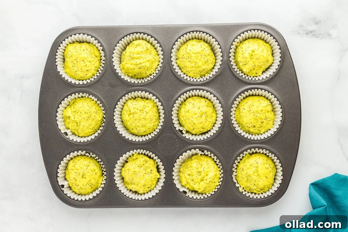 Tangy & Tender Gluten-Free Lemon Poppy Seed Muffins 8 Gluten-free lemon poppy seed muffin batter evenly scooped into white paper liners in a muffin tin, ready for baking.