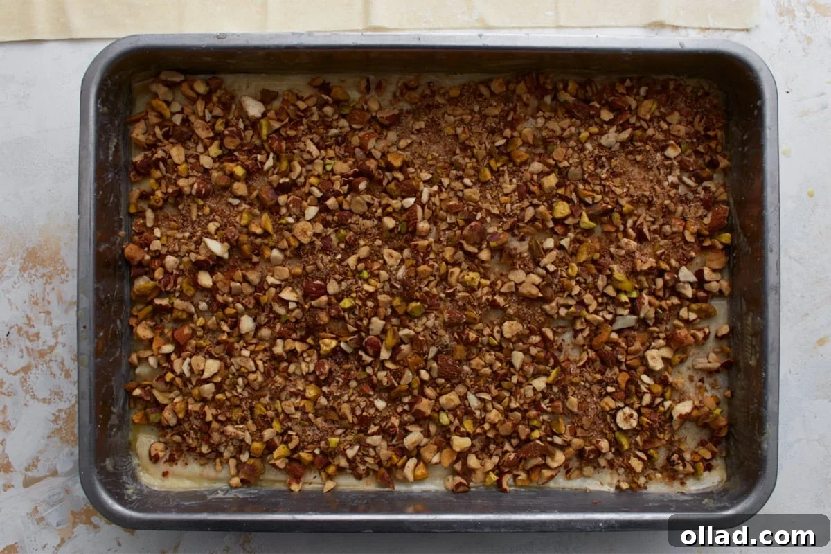 Second layer of chopped nuts and cinnamon spread over gluten-free phyllo for baklava.