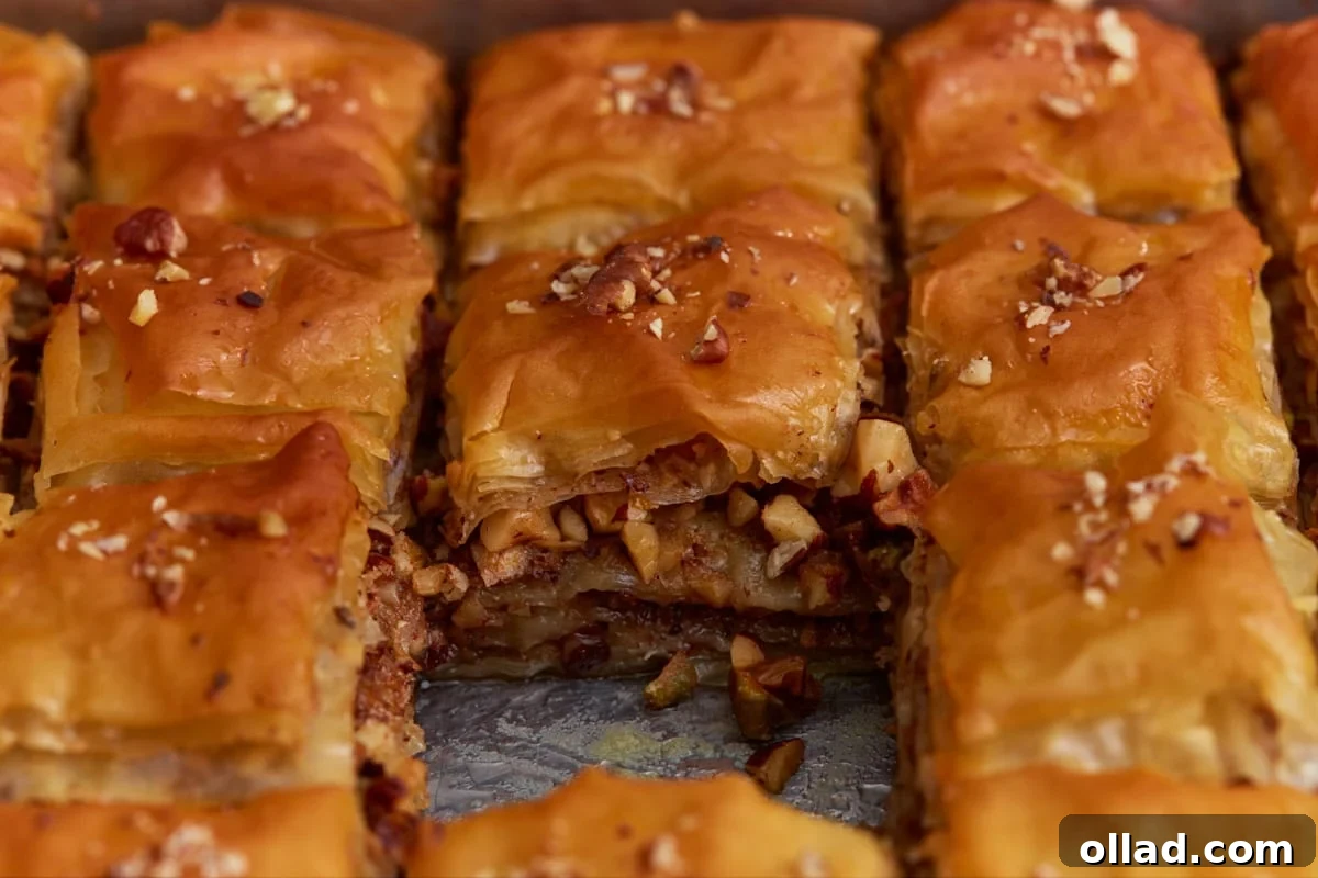 Close-up of gluten-free baklava showing flaky phyllo layers and chopped nut filling.