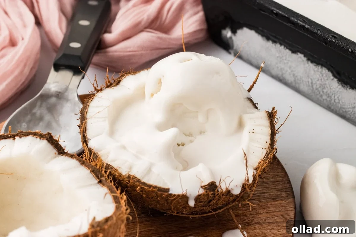 Coconut sorbet scooped into a fresh coconut shell with melted coconut cream dripping over the sides.