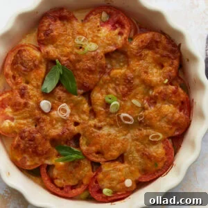 Overhead view of baked crustless tomato pie topped with melted cheese, fresh basil, and sliced green onions in a white pie dish.