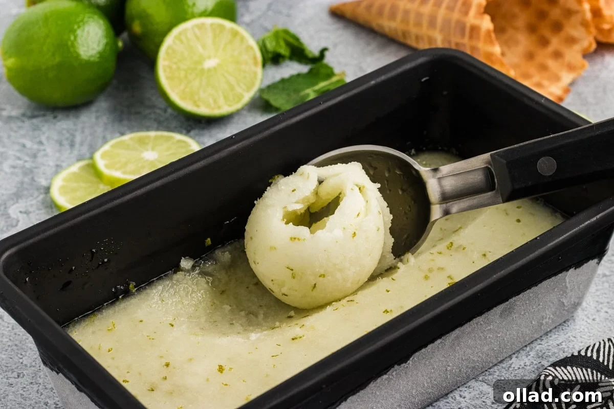 lime sorbet finished and being scooped up