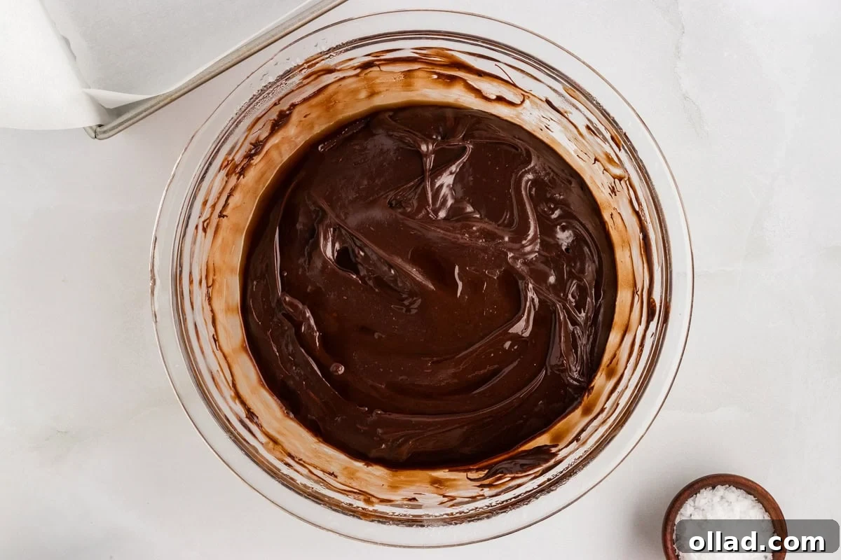 Overhead view of glossy, fully melted dairy-free chocolate fudge mixture in a glass bowl